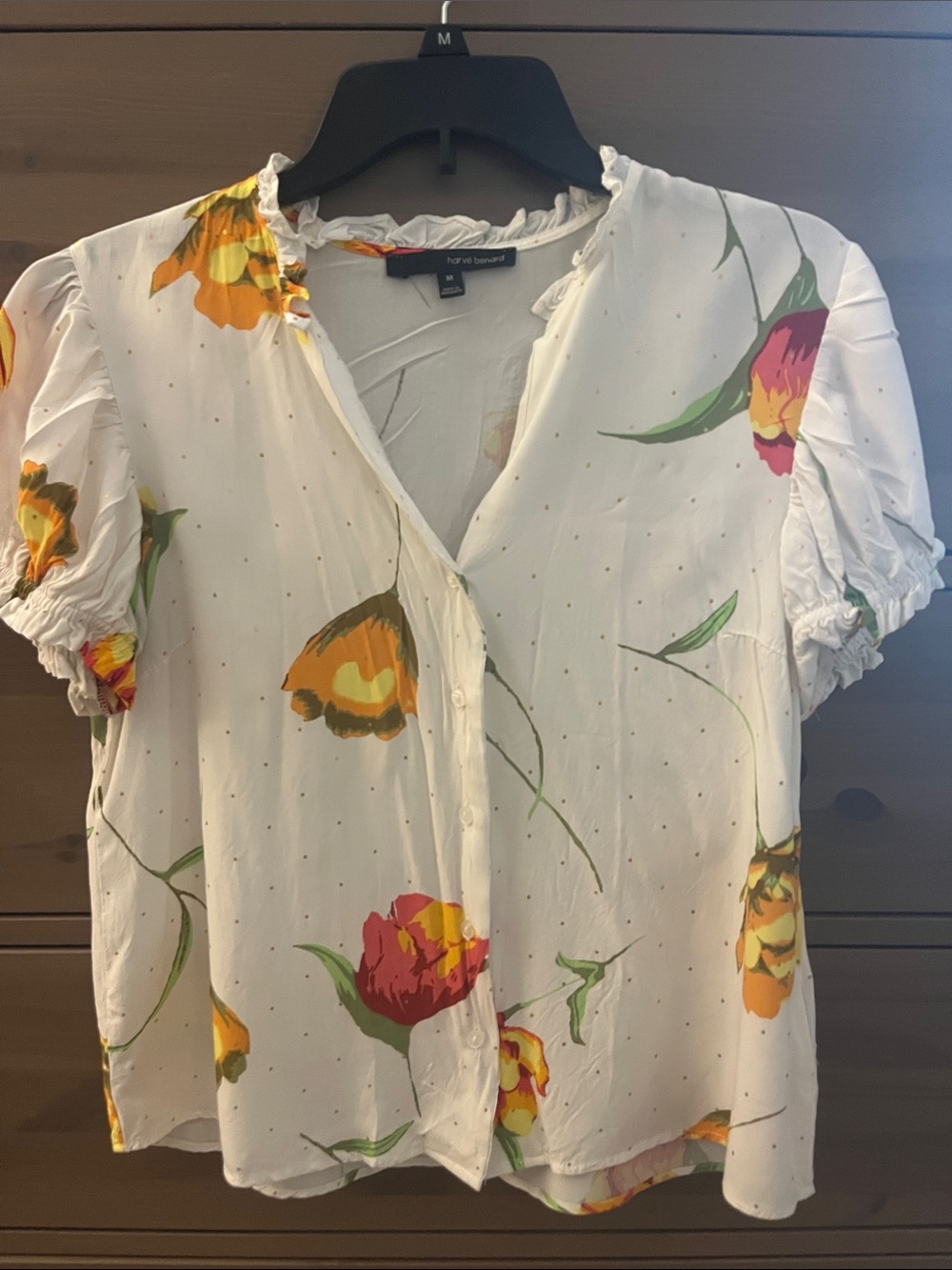 Harve Benard White Floral V-Neck Short Sleeve Blouse with Yellow & Pink Flowers
